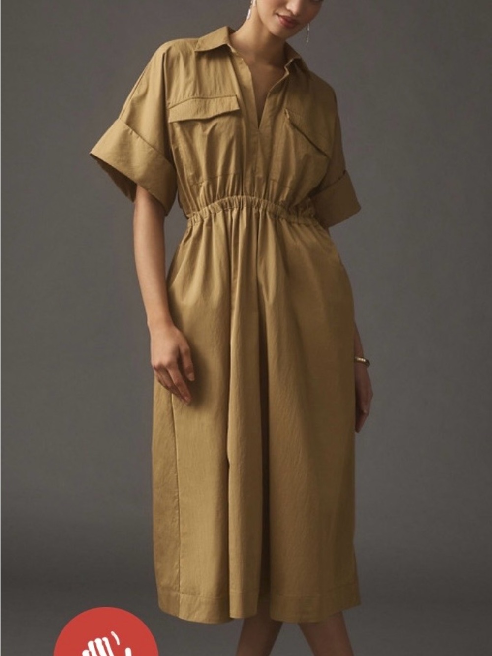 Anthropologie Maeve Utility Shirt Dress size XS Petite in Taupe, midi length.
